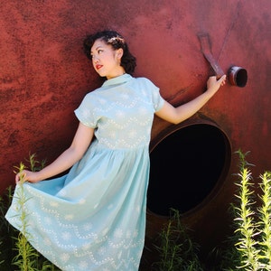 Ice blue 1930s sheer summer dress with raised white patterning, capped sleeves, fitted waist. Med image 1