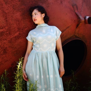 Ice blue 1930s sheer summer dress with raised white patterning, capped sleeves, fitted waist. Med image 2