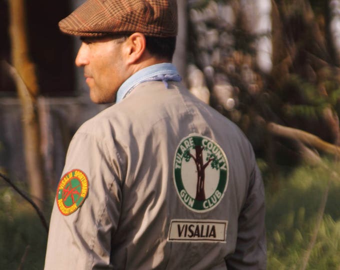 Great 1940s Post WWII shooting jacket, gray cotton with patches, Champion - The Roehm-Roehm Co., Belted back, Sz 42 - MED