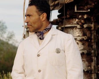 1930s GWG white duck denim true workwear jacket, belted back. Shrunk (pre-sanfordized) SZ MED