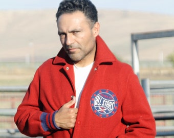 1951 All Stars Baseball Jacket, Car Coat Styling, Ribbed Cuffs, Great Patch, Cherry Red, letterman jacket, "General Althletic Product" 1950s