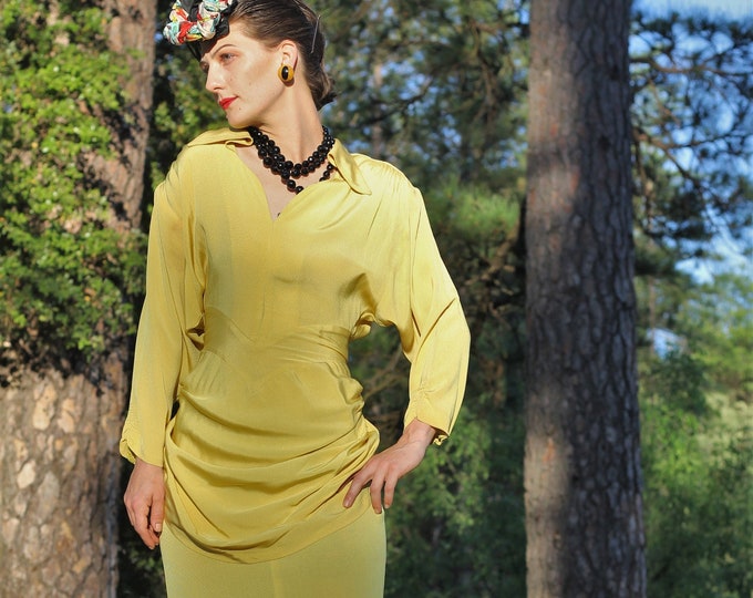 Original 1950s Lilli Diamond Chartreuse dress, swag, batwing sleeves, train   XS