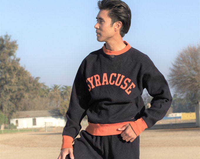 1930s Syracuse New York original tracksuit, two tone navy and orange with lettering, wool, zip pants. Wilson Sporting Goods SM - MED