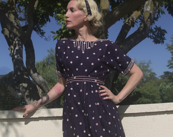 1910s - Early 1920s Edwardian bathing costume, bathing suit.  cotton, blue and white polka dots Sz XS