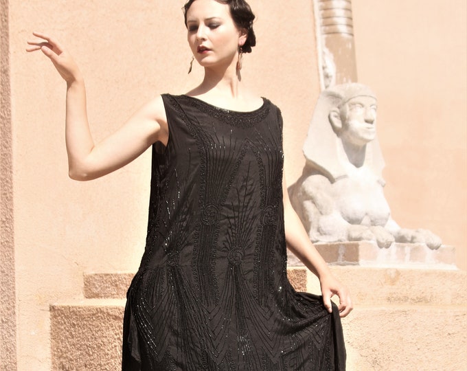 1920s black silk chemise beaded gown with side panels, caftan style size SM