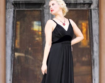 1930s black silk chiffon & velvet empire waist gown, Size Sm