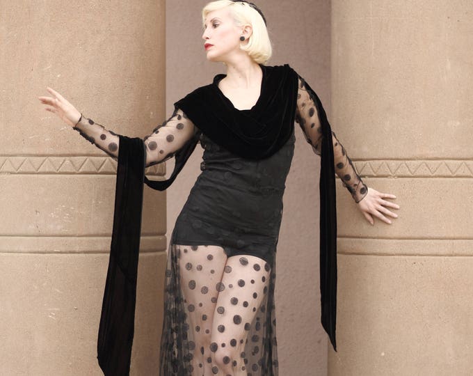 LAYAWAY 1930s black sheer net polka dot gown with built-in silk velvet collar and long sash, train, fitted sleeves. Sm - Med