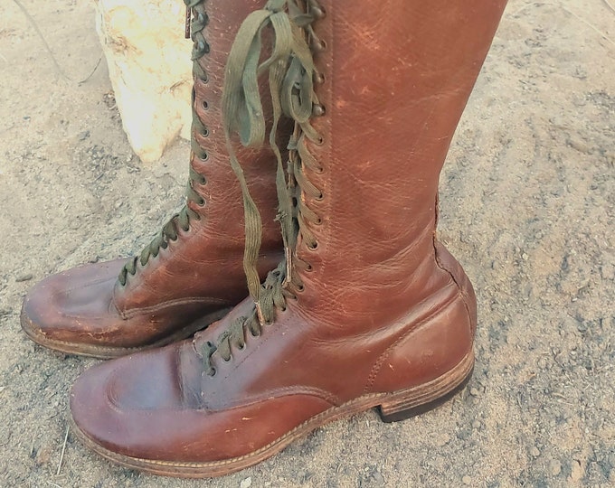 1930s Brown moc toe field boots, work boots, riding boots, great patina, SZ 6.5