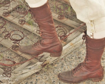 1920s Chippewa moc toe field boots, work boots, riding boots, nailed soles,  great patina, SZ 6.5