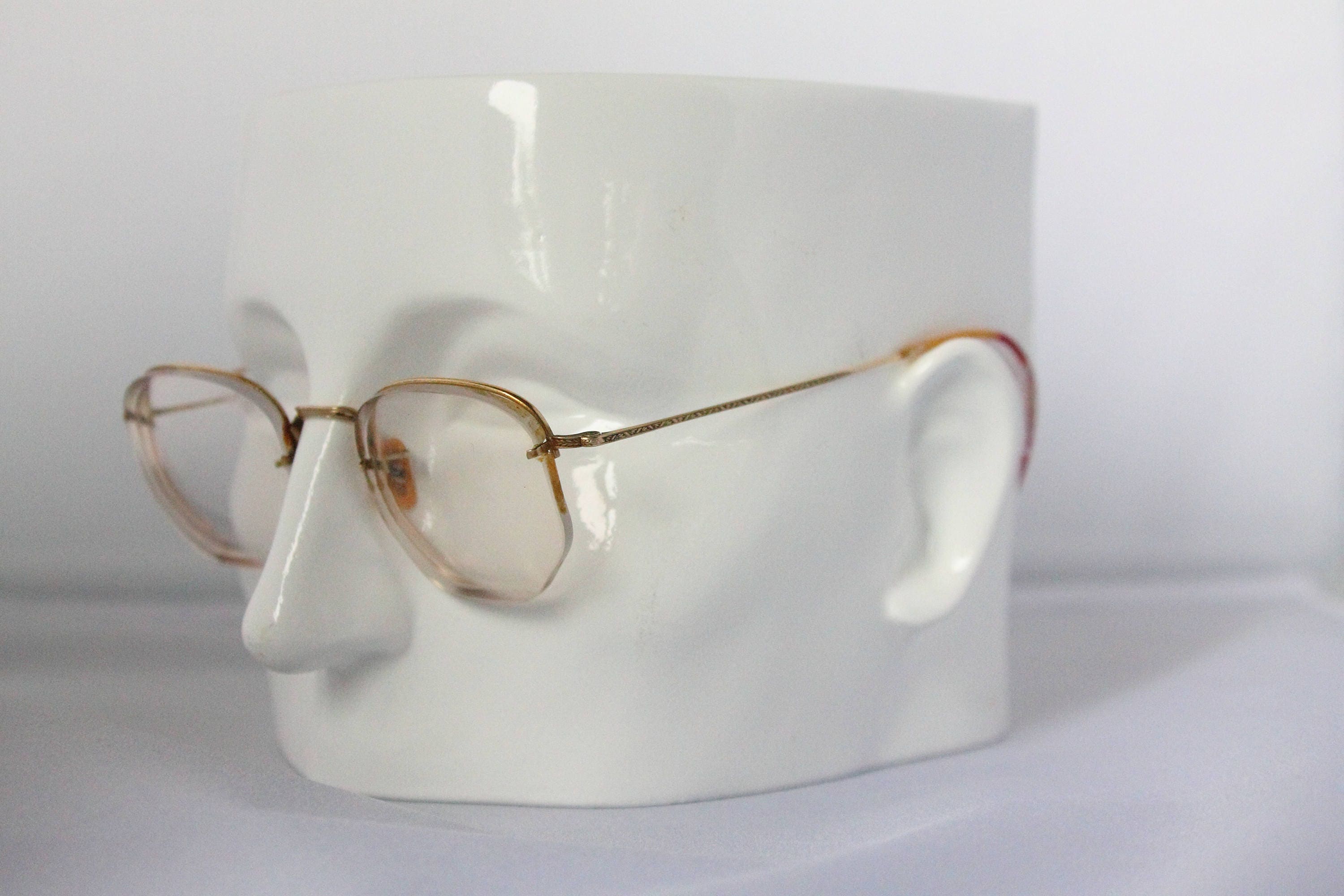 1920s Rimless Gold Filled Geometric Eyeglasses With Deco Patterning By Bausch And Lomb The