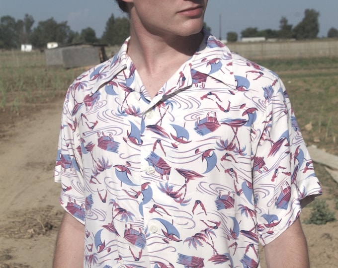 1940s Aloha Shirt with divers, palm trees and huts MED