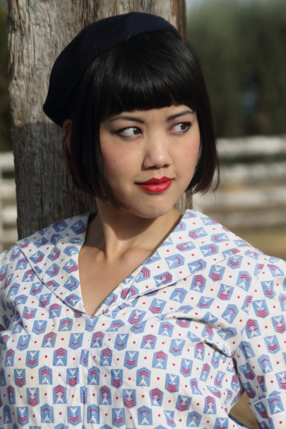 1940s cotton print naval middy or sailors blouse, eagle emblems with bombs, targets, anchors and