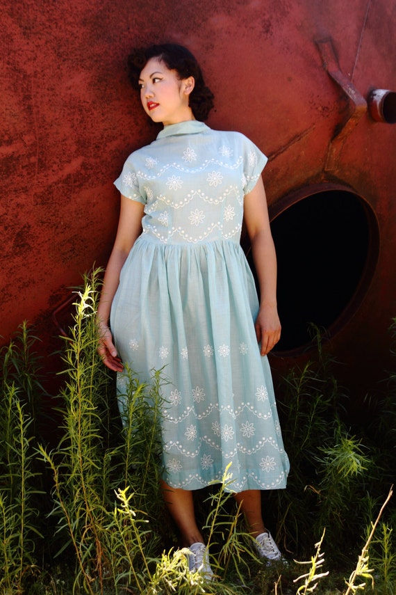 Ice blue 1930s sheer summer dress with raised whi… - image 2