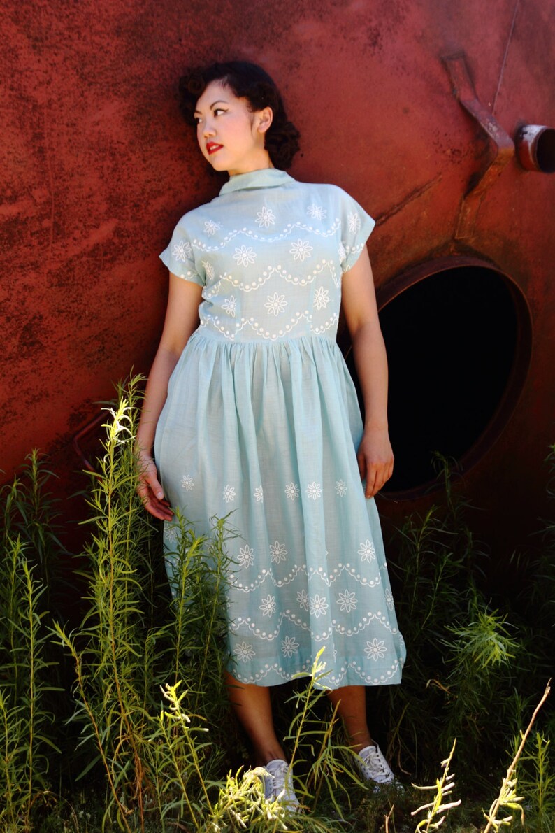 Ice blue 1930s sheer summer dress with raised white patterning, capped sleeves, fitted waist. Med image 2