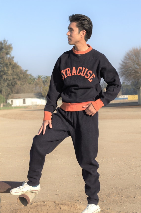 1930s Syracuse New York original tracksuit, two tone navy and orange with lettering, wool, zip pants. Wilson Sporting Goods SM - MED