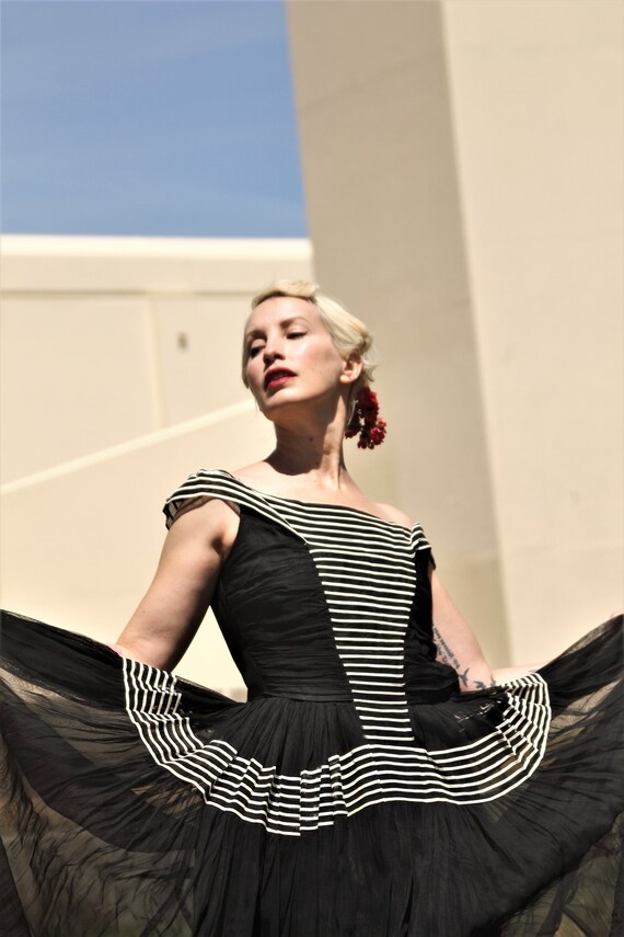 black and white striped evening gown