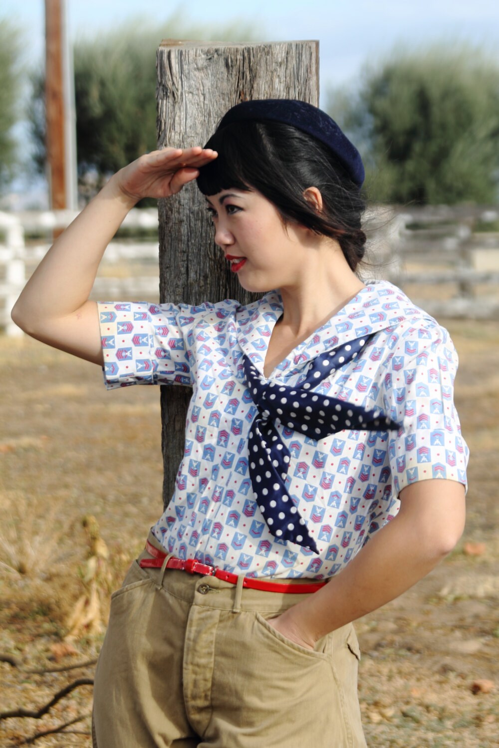 1940s cotton print naval middy or sailors blouse, eagle emblems with bombs, targets, anchors and