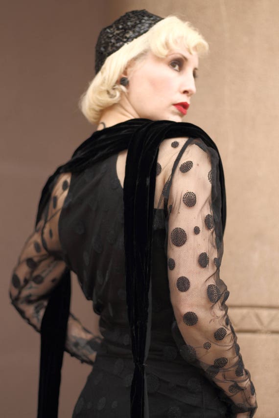 LAYAWAY 1930s black sheer net polka dot gown with… - image 3