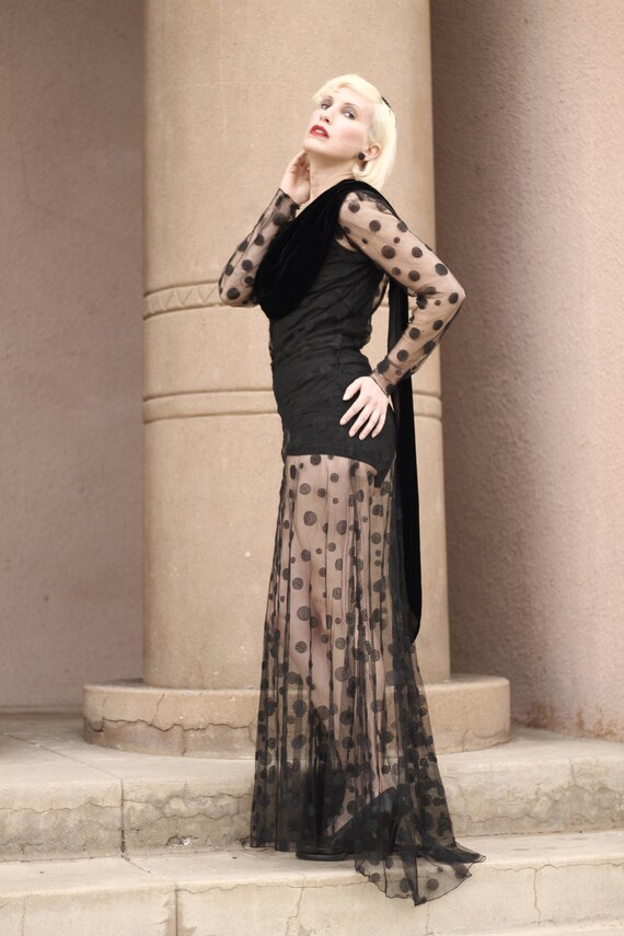 LAYAWAY 1930s black sheer net polka dot gown with… - image 2