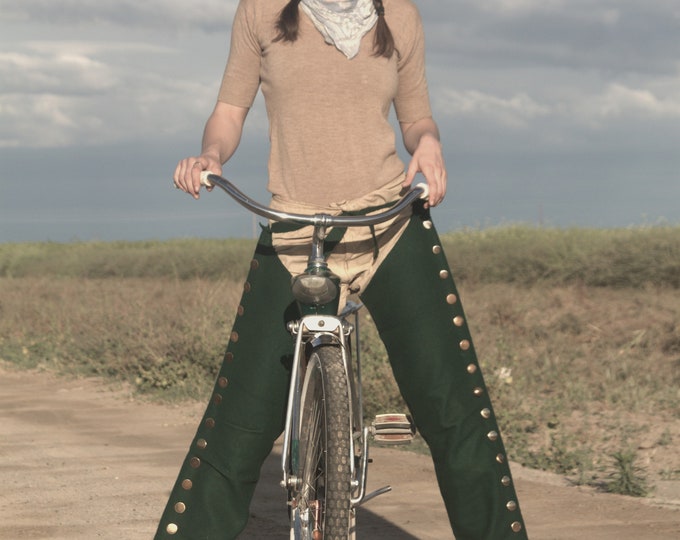 Forest Green, Native American, Dance leggings made from 1800s trade cloth, brass conch, ties at waist