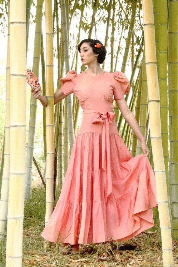 Striking coral pink 1930s gown, Low back, dramatic