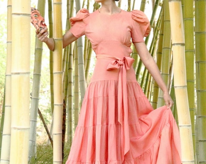 Striking coral pink 1930s gown, Low back, dramatic puff sleeves, sash belt