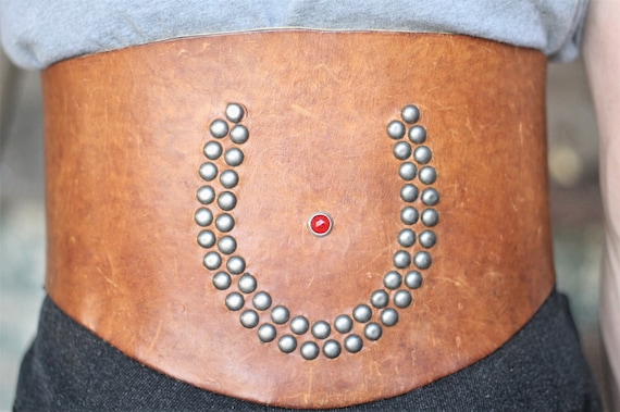1930's～OLD STUDDED JEWEL LEATHER BELT 1930's studded horseshoe kidney belt with red jewel t… - Gem