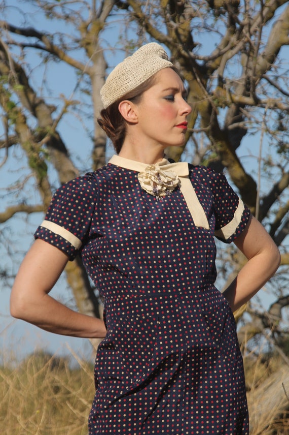 Early 1940s silk red, white, bue polka dot dress w