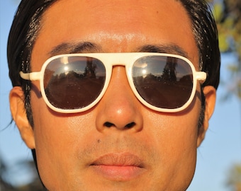 Unique 1930s white celluloid aviator style sunglasses with glass lens,  The Cloud Maker