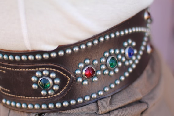 1930's～OLD STUDDED JEWEL LEATHER BELT 1930s Antique Vintage Studded Jeweled Western Belt Size 26