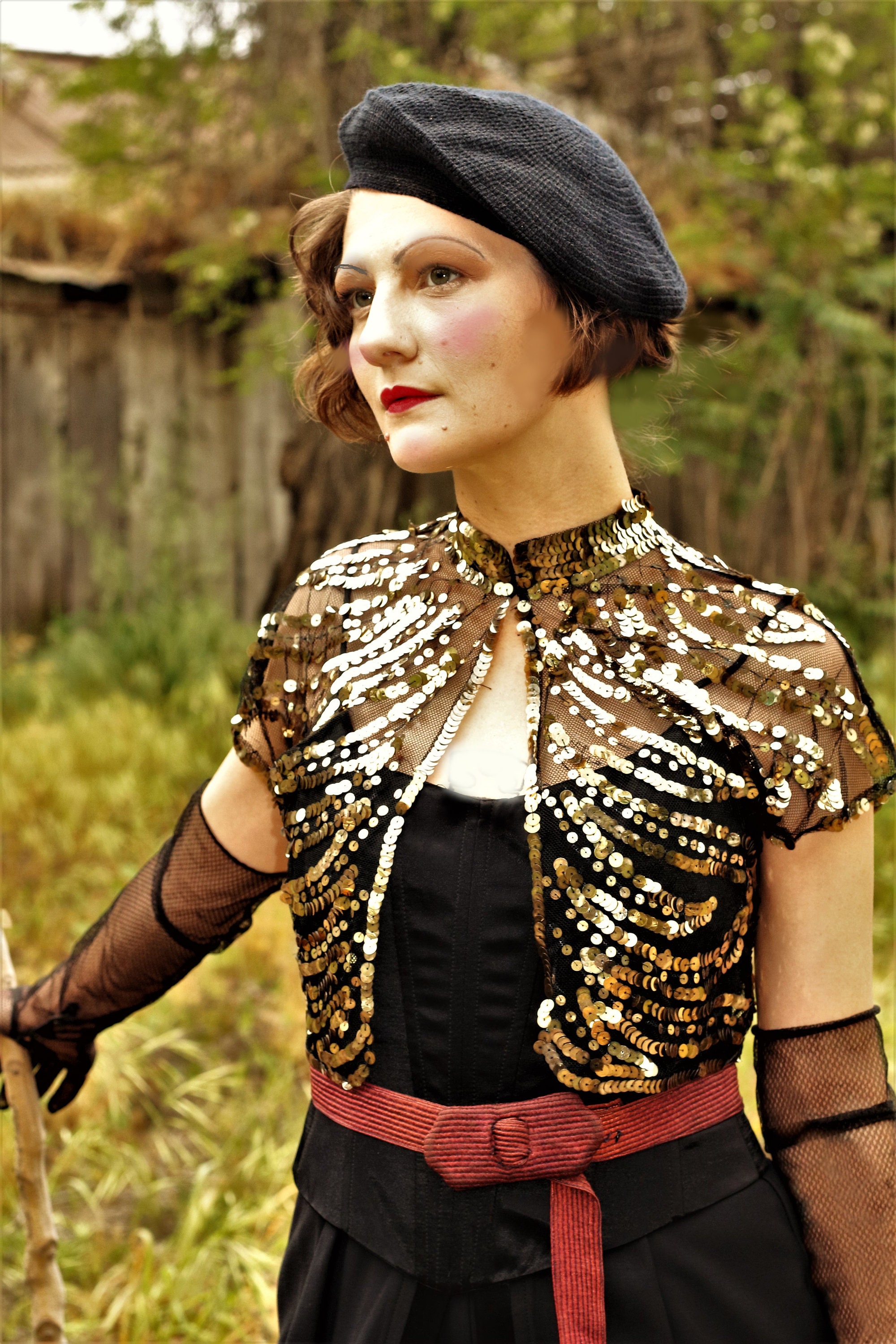 1930s bolero  gold  sequin and black net evening jacket SM MED