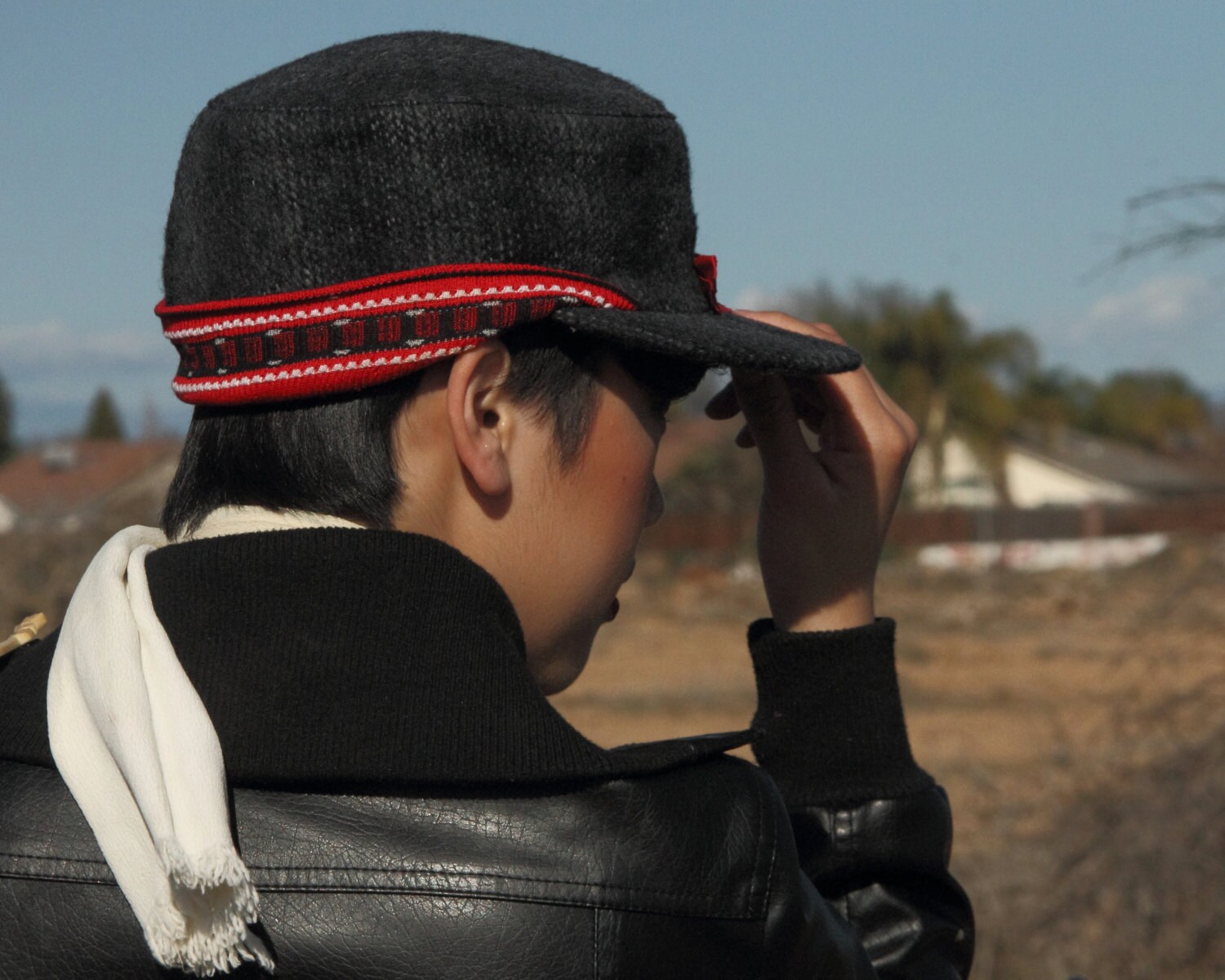 1950s women's hunting hat, red bow and ear band, grey plaid