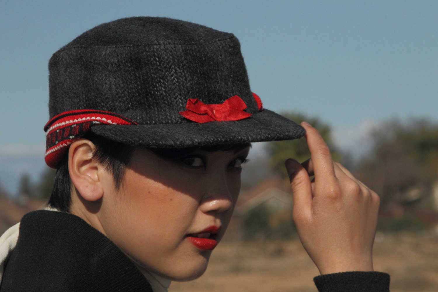 1950s women's hunting hat, red bow and ear band, grey plaid