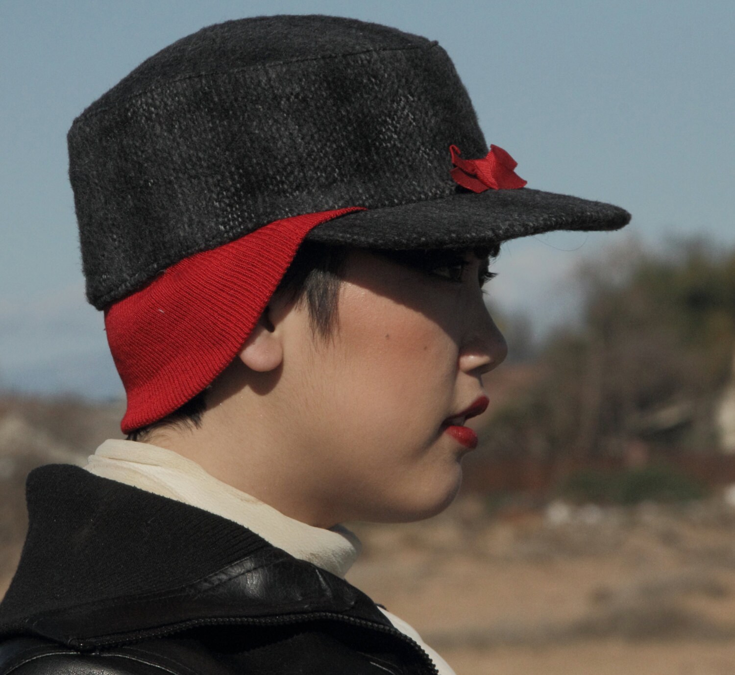 1950s women's hunting hat, red bow and ear band, grey plaid