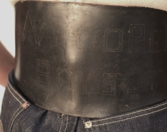 Original 1930's motorcycle belt with MC hand carving "Whoopee Boys"  SM, MED Waist 28 1/4"- 31 1/2"