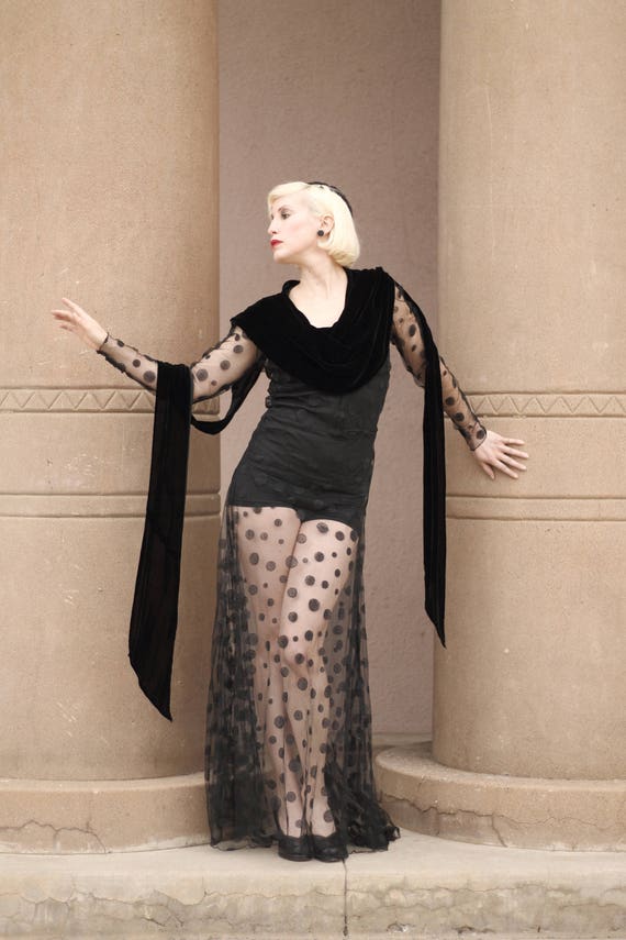 LAYAWAY 1930s black sheer net polka dot gown with… - image 1