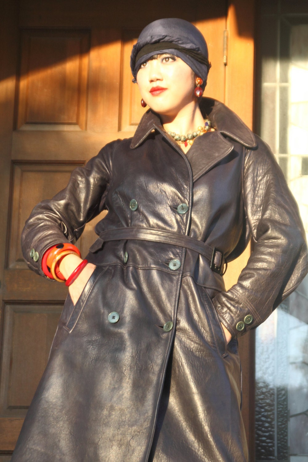 Fabulous 1920s capeskin leather trench coat jacket, dark blue with