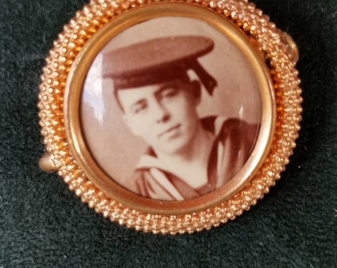 Antique Early 1900's  sweetheart mourning pin brooch with merchant marines photograph.