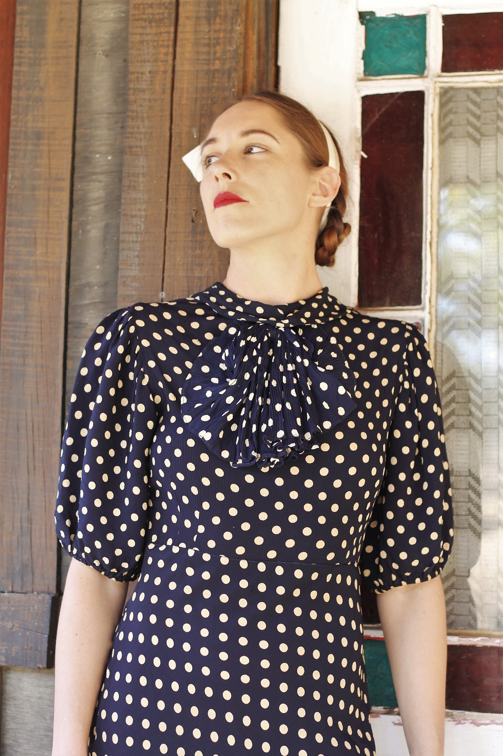 1930s crepe rayon navy blue and white polka dot dress with attatched ...