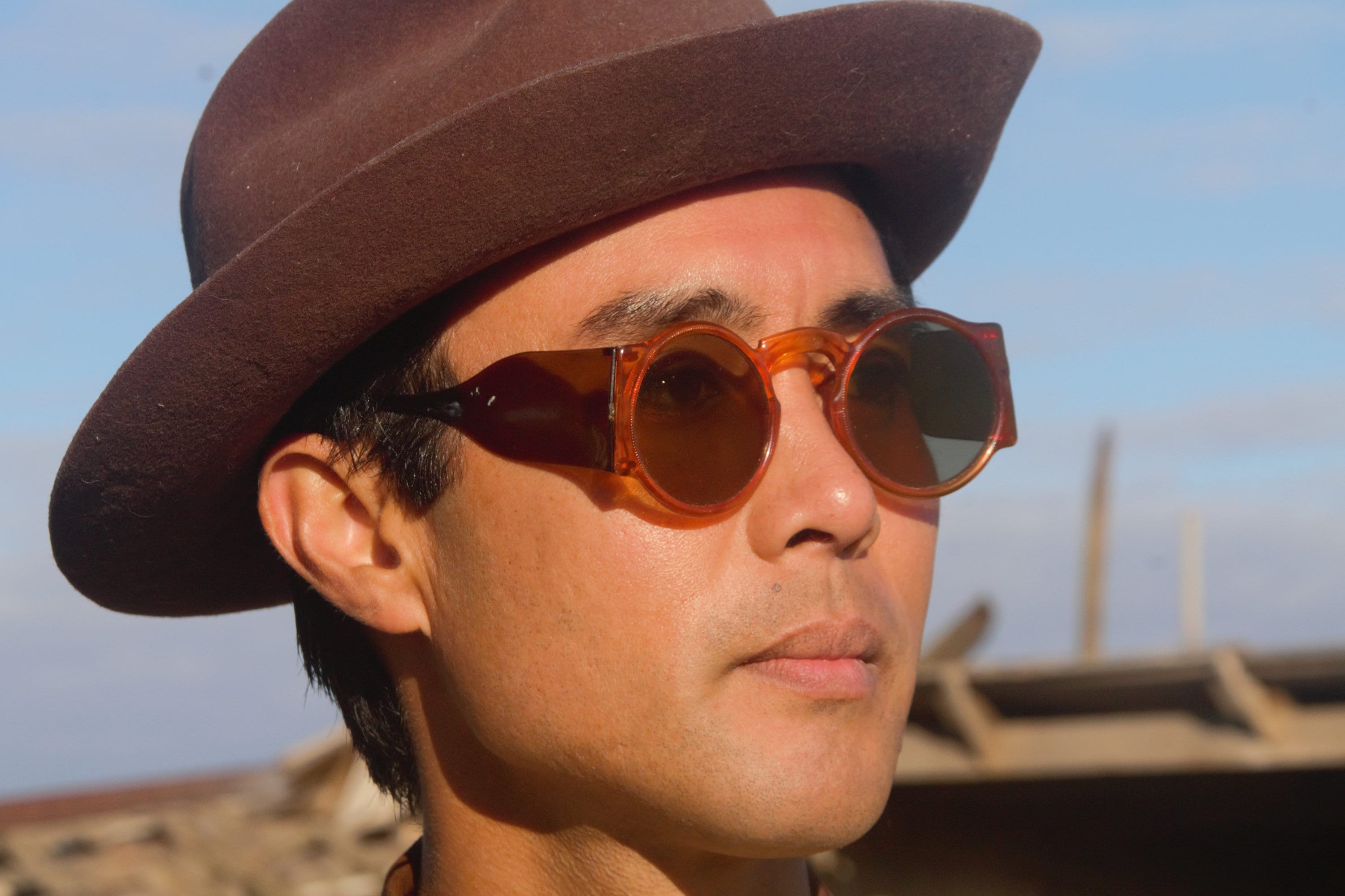 Unique 1930s two tone translucent amber and brown sunglasses with wide temples blue lens The Changling