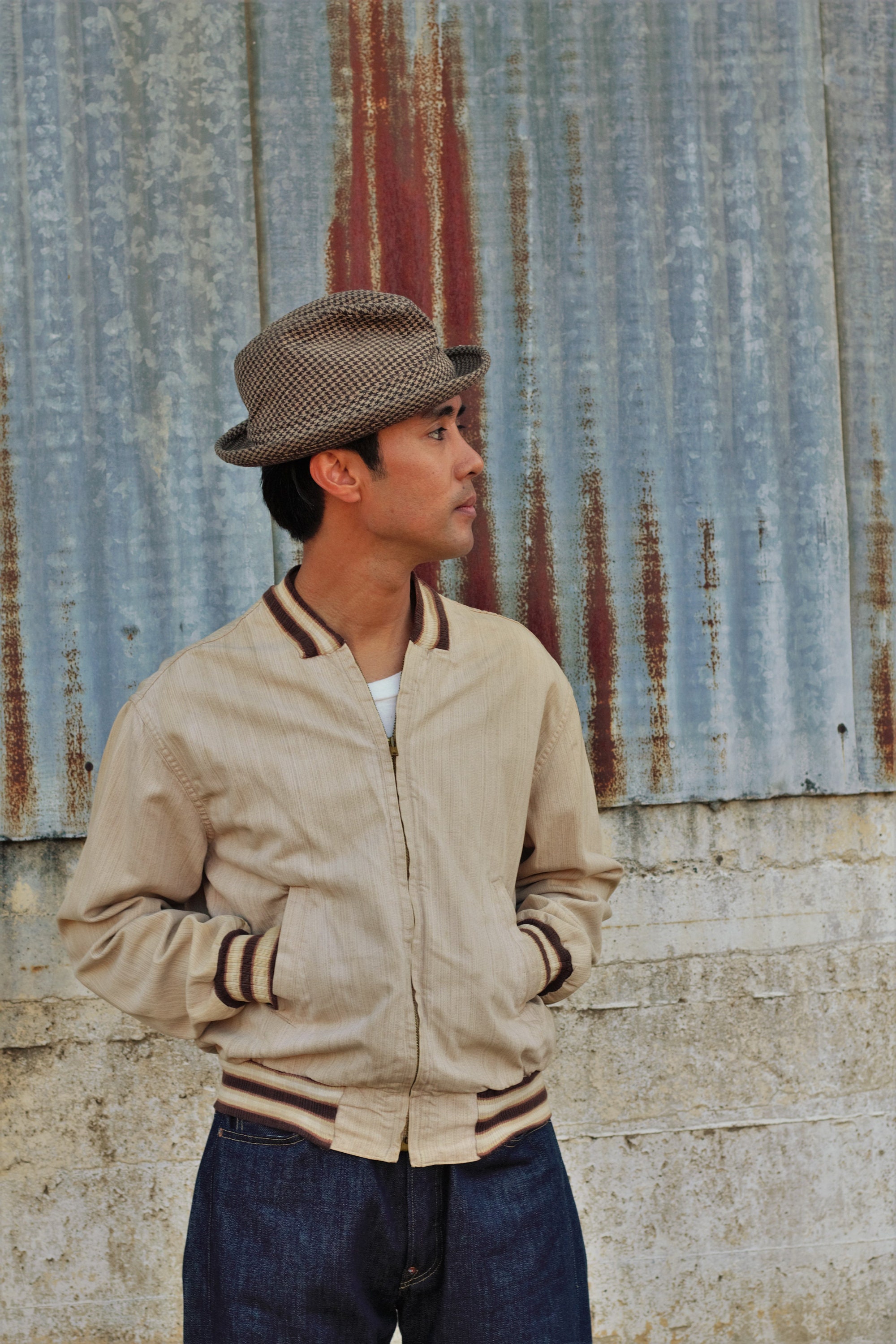 Original 1950s Levis Casuals bomber jacket in sand and brown, this model  was reproduced by LVC but this is an original, SZ SM