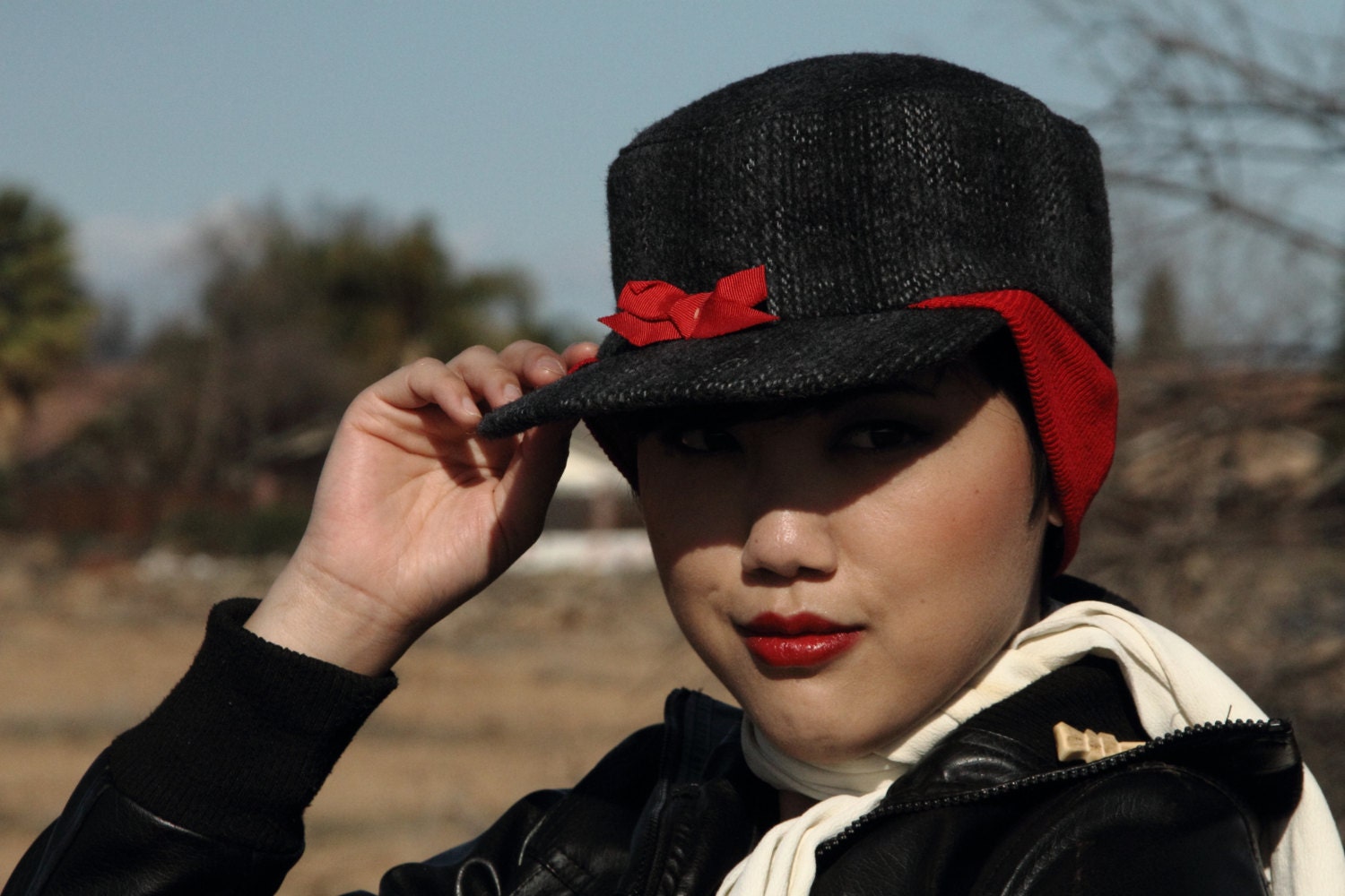 1950s women's hunting hat, red bow and ear band, grey plaid