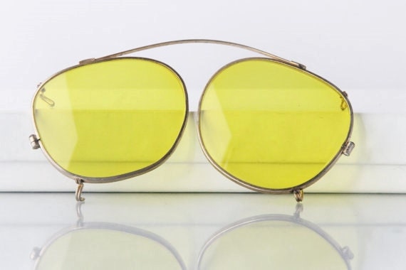 1940's yellow clip on, aviator sunglasses, gold to