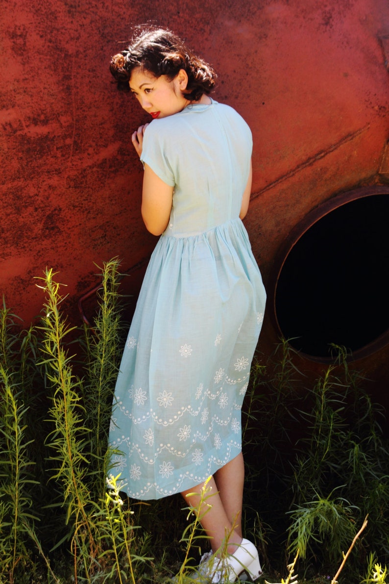 Ice blue 1930s sheer summer dress with raised white patterning, capped sleeves, fitted waist. Med image 5