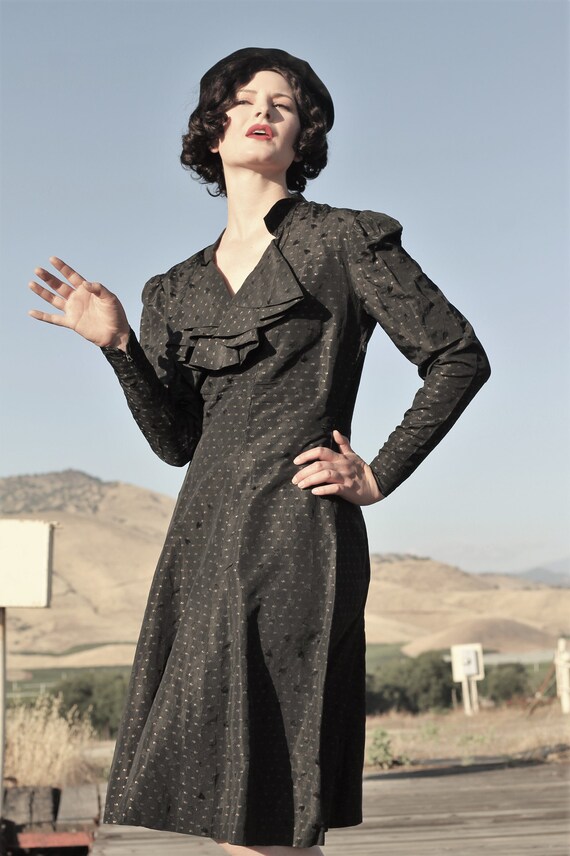 1930s patterned black and gold taffeta dress with