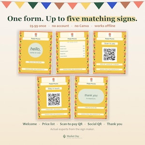 May include: Five rectangular yellow signs with orange floral borders and the text Petal Picnic. The signs feature various layouts including a welcome message, a price list, two QR codes for payment and social media, and a thank you note.