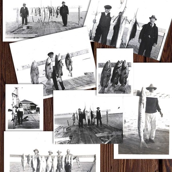 8 vintage snapshots of fishermen and their haul download and print altered art