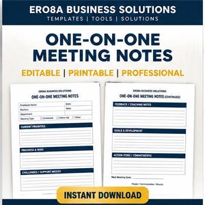 以下が含まれることがあります： ERO8A Business Solutionsによる1対1のミーティングノート用デジタルテンプレート。従業員情報、現在の優先事項、進捗状況、課題、フィードバック、コーチング、目標、開発、およびアクションアイテムを記録するためのセクションが記載されています。