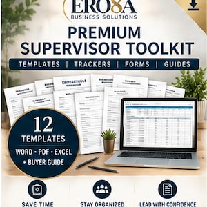 Puede incluir: El kit de herramientas Premium Supervisor Toolkit de ERO8A Business Solutions incluye 12 plantillas en formatos Word, PDF y Excel más una guía de compra. El conjunto presenta documentos impresos, un portátil y dos bolígrafos.