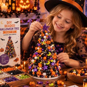 Puede incluir: Un kit de manualidades para un árbol de Halloween con cuentas que incluye un árbol cónico decorado con cuentas naranjas, negras, moradas y verde lima, dijes de calabaza, estrellas y lunas crecientes, junto a una caja con el texto DIY BEADED HALLOWEEN TREE.